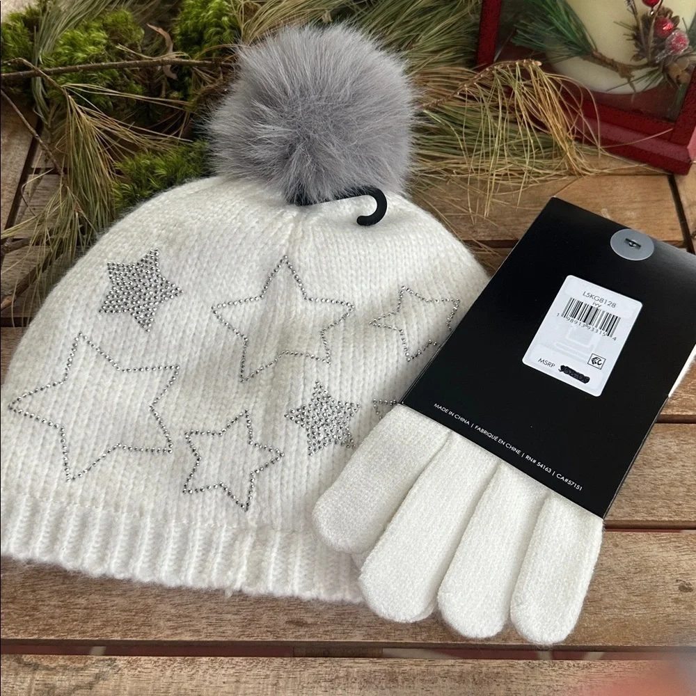 Karl Lagerfeld ivory and silver hat and gloves set